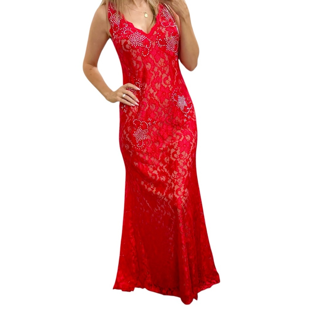 Betsy & Adam Stunning Red Lace Gown with embellished Rhinestones Sz 12